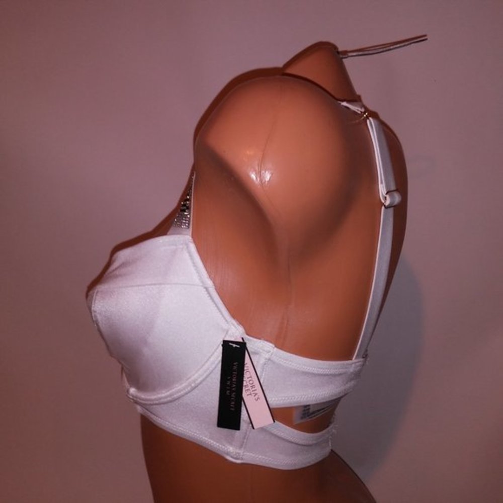 Victoria Secret Swim Bikini Top 32DD‎ White Shine Strap Bling Logo Solid New - Picture 6 of 10
